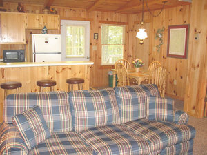 Family room with plaid sofa, open to the kitchen and dining table